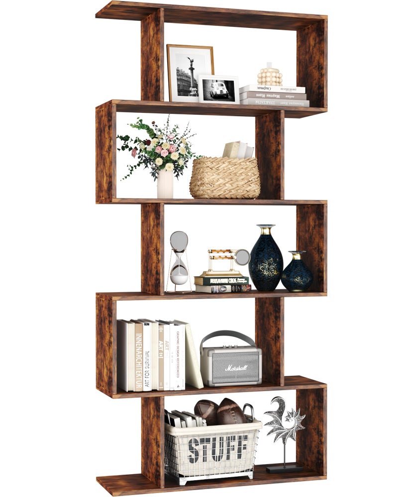 Yusong Bookshelf 5Tier Geometric Bookcase S Shaped Book Shelves for Bedroom Modern Industrial Wood Decorative Display Shelf Book Case for Home Office Rustic Brown