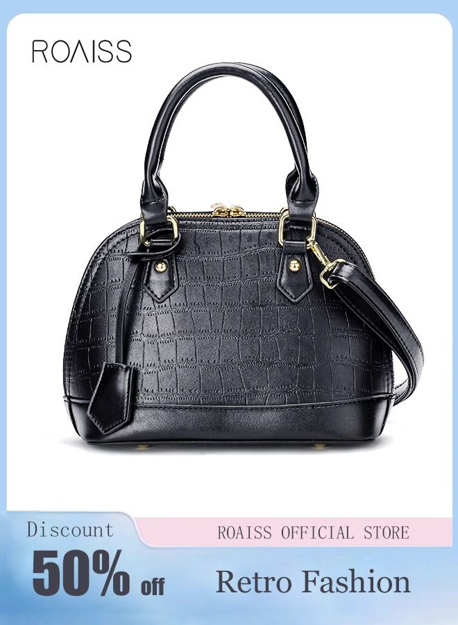 roaiss Shell Shape Mini Crossbody Shoulder Bag Premium PU Leather Embossed Handbag Stone Textured With Long Strap for Women Black  - Image 1