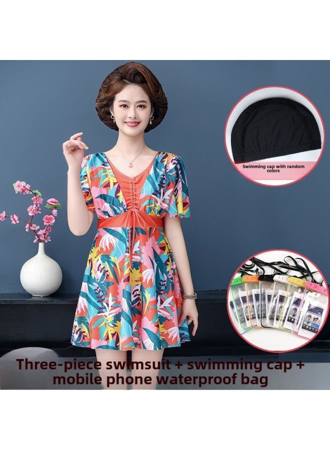 Send Swimming Cap Hot Spring Plus Size Swimming Suit Women's Split Boxer Shorts Skirt Conservative Middle-aged Mother Swimwear Fat Factory-Color:Orange [swimsuit + Swimming Cap + Mobile Phone Waterproof]-Size:M Size Recommended 37.5-47.5kg - Image 1