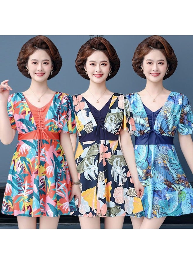 Send Swimming Cap Hot Spring Plus Size Swimming Suit Women's Split Boxer Shorts Skirt Conservative Middle-aged Mother Swimwear Fat Factory-Color:Orange [swimsuit + Swimming Cap + Mobile Phone Waterproof]-Size:M Size Recommended 37.5-47.5kg - Image 4