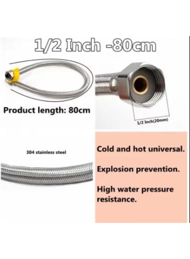 Italian braided flexible water pipe made of 304 stainless steel for hot and cold water, 1/2 inch diameter, 80 cm long - Silver - Image 2
