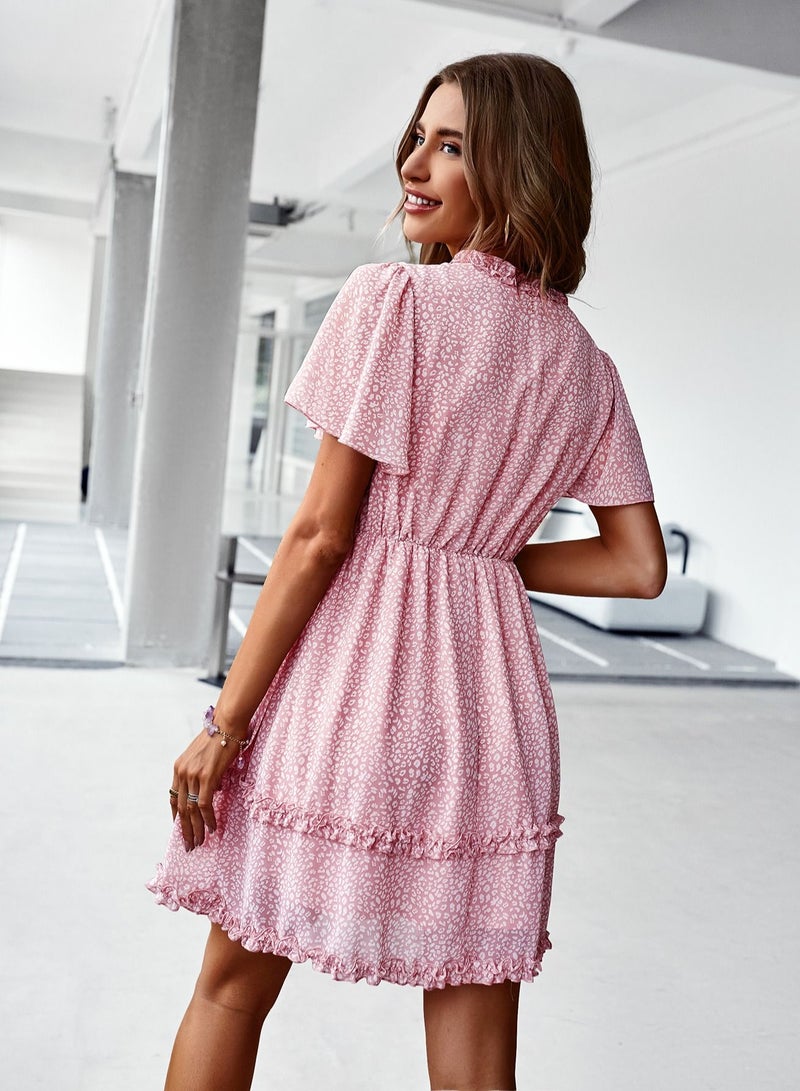 Loquat Lotus Leaf Sleeve V-neck Floral Dress Maquette Pink  - Image 2