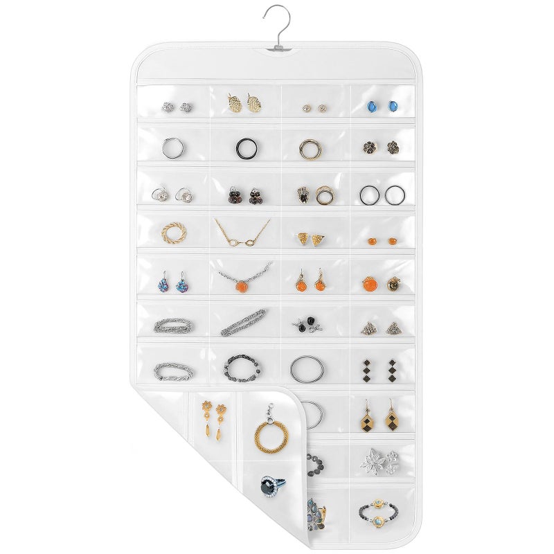 Okxiri Hanging Jewelry Organizer for Closet with Swiveling Hanger, 17 x 30 In, 80 Clear Pockets Jewelry Organizer Hanging for Jewelries, Earrings, Accessories (Beige) (1, White)