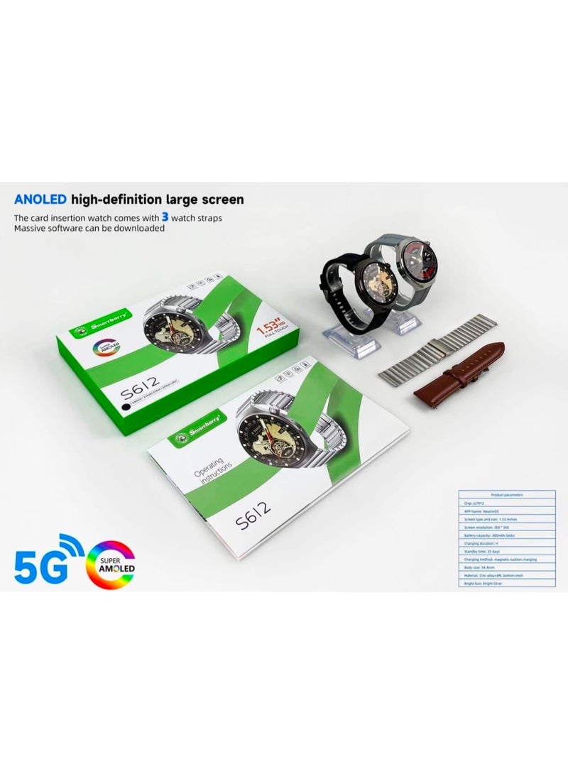 Smartberry S612 5G Smartwatch with 1.53 Inch AMOLED HD Full Touch Display, SIM Card Support, Bluetooth Calling, Health Monitoring, Multi-Sport Modes, 3 Interchangeable Watch Straps, Premium Smart Watch for Android, Black - Image 4