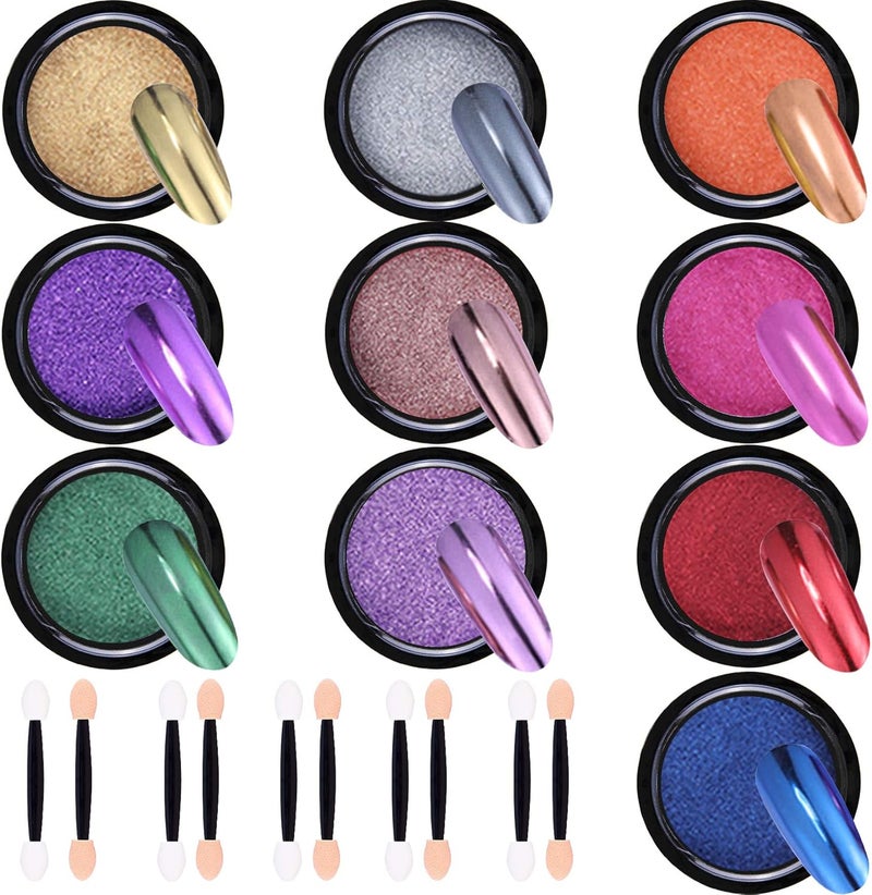 Duufin 10 Jars Nail Chrome Powder Metallic Mirror Effect Nail Powder 1gJar with 10 Pcs Eyeshadow Sticks 10 Colours