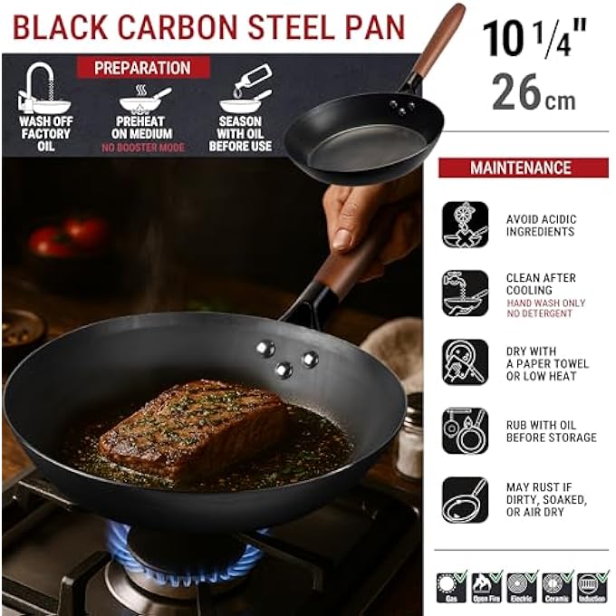 YOSUKATA 26 Cm Carbon Steel Frying Pan  NonToxic PreSeasoned Skillet With Removable Wooden Handle  CoatingFree WokStyle Pan For Gas Induction Electric Oven  Grill Bbq - Image 4