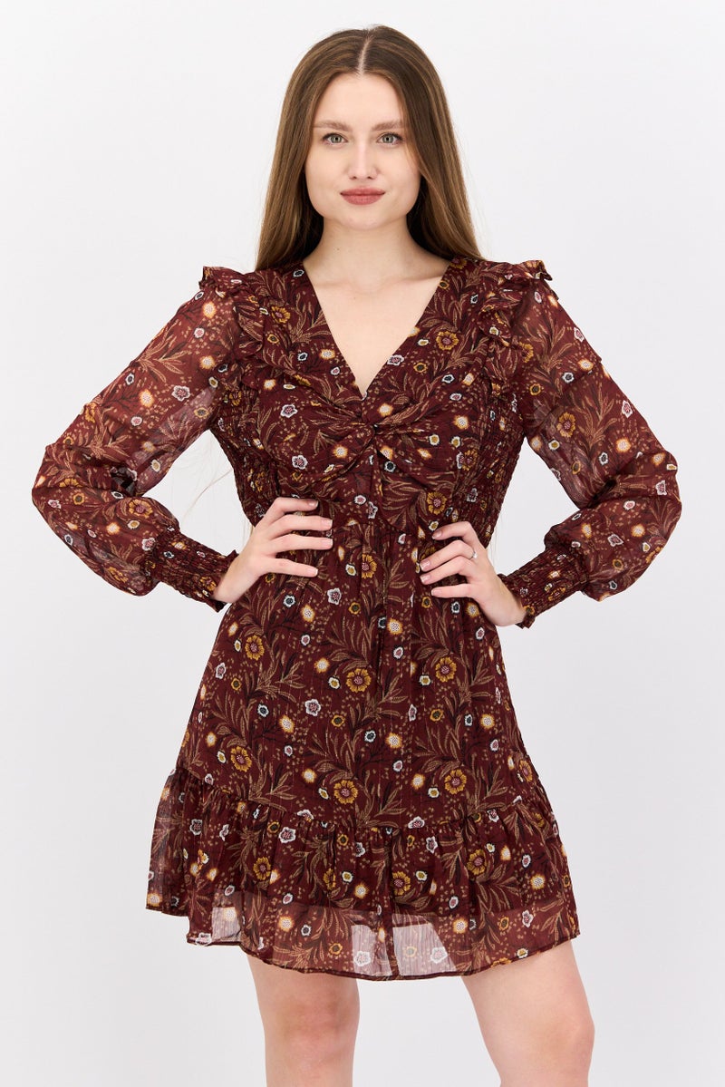 Black Tape Women Floral Print Mini Dress, Brown Combo  - Image 1
