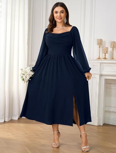 SHESTARR Women's Plus Size Dress Chiffon Long Sleeve Cowl Neck Wedding Guest Cocktail Party Maxi Dress Navy Blue - Image 4