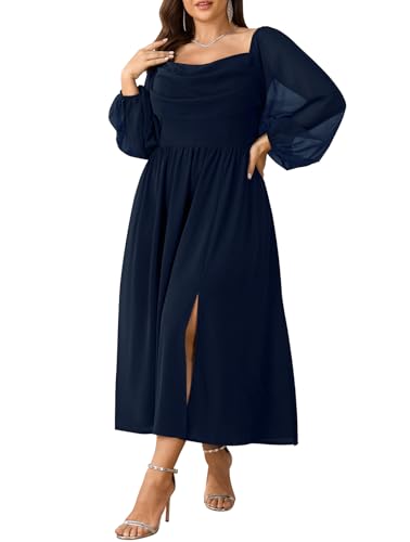 SHESTARR Women's Plus Size Dress Chiffon Long Sleeve Cowl Neck Wedding Guest Cocktail Party Maxi Dress Navy Blue - Image 1