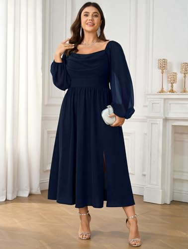 SHESTARR Women's Plus Size Dress Chiffon Long Sleeve Cowl Neck Wedding Guest Cocktail Party Maxi Dress Navy Blue - Image 2