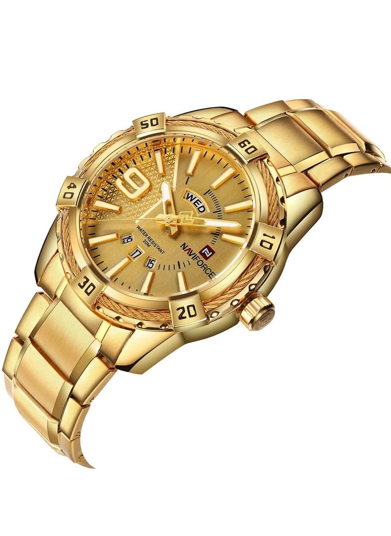 NAVIFORCE - Stylish Mens Quartz Watch with Gold Dial Stainless Steel Strap Analog Display Water Resistant 30M Date Function Elegant and Durable Timepiece - Image 1