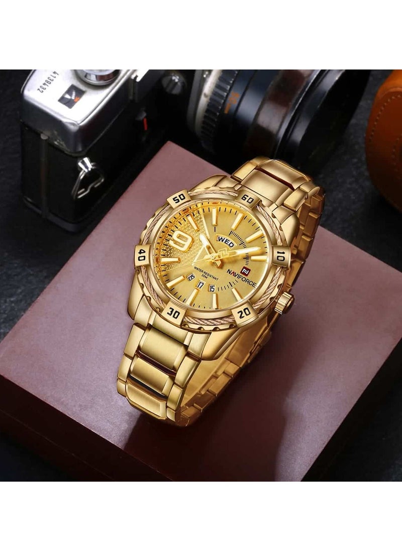 NAVIFORCE - Stylish Mens Quartz Watch with Gold Dial Stainless Steel Strap Analog Display Water Resistant 30M Date Function Elegant and Durable Timepiece - Image 1