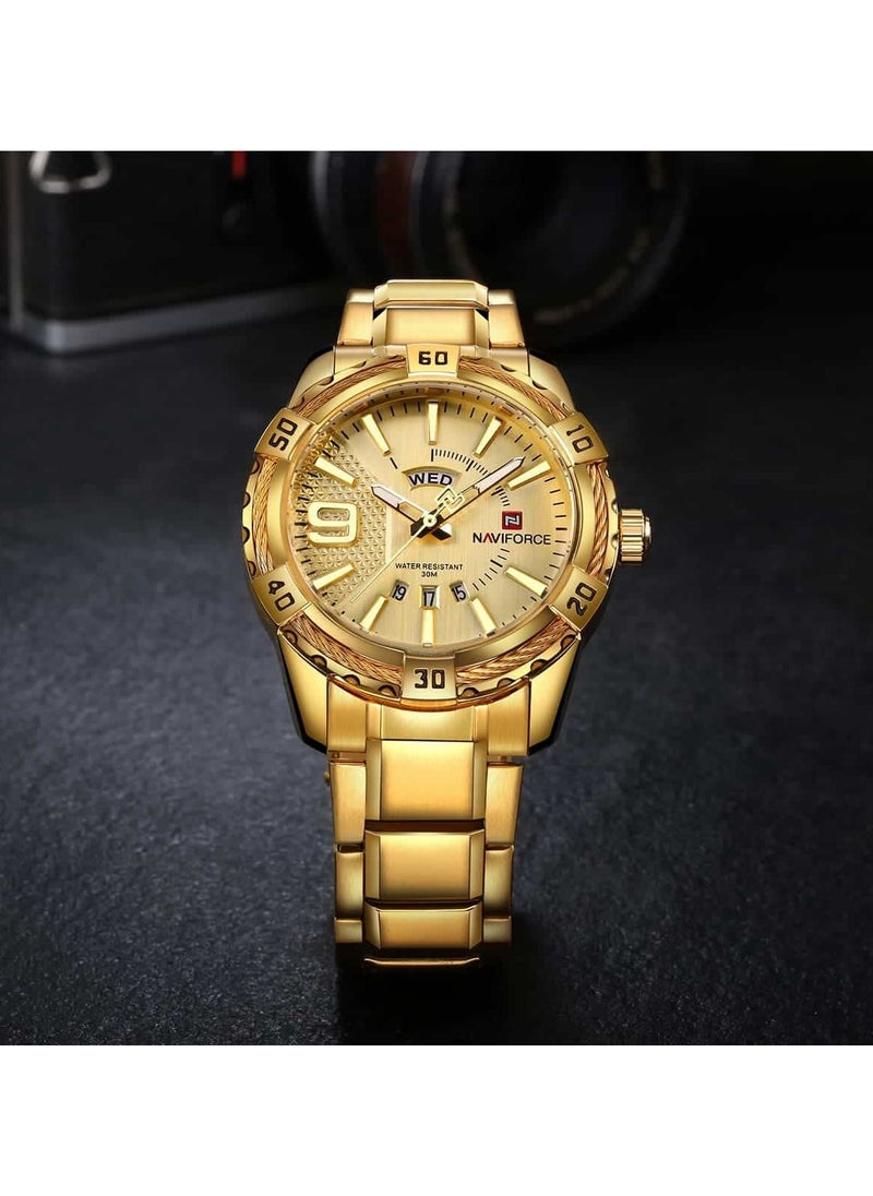 NAVIFORCE - Stylish Mens Quartz Watch with Gold Dial Stainless Steel Strap Analog Display Water Resistant 30M Date Function Elegant and Durable Timepiece - Image 1