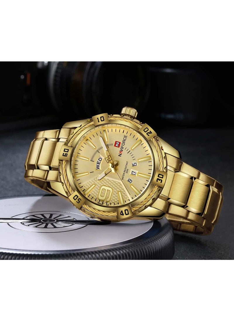NAVIFORCE - Stylish Mens Quartz Watch with Gold Dial Stainless Steel Strap Analog Display Water Resistant 30M Date Function Elegant and Durable Timepiece - Image 1