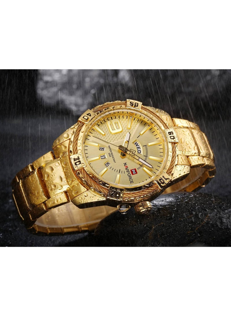 NAVIFORCE - Stylish Mens Quartz Watch with Gold Dial Stainless Steel Strap Analog Display Water Resistant 30M Date Function Elegant and Durable Timepiece - Image 1
