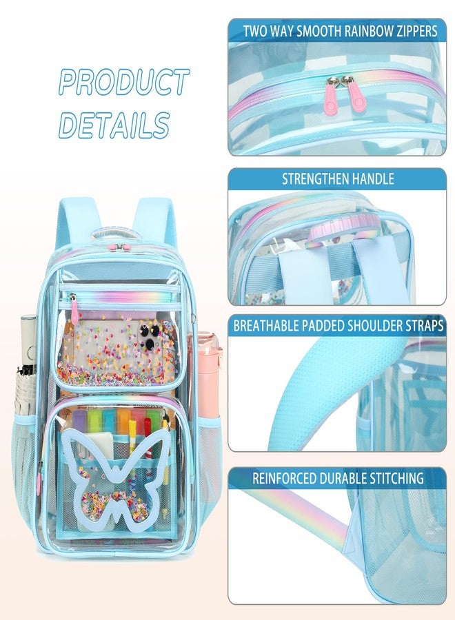 KIDNUO Clear Backpack for School,Large Bookbag Heavy Duty See Through Butterfly Backpacks for Girls Stadium Approved Bags, Blue, Large - Image 4