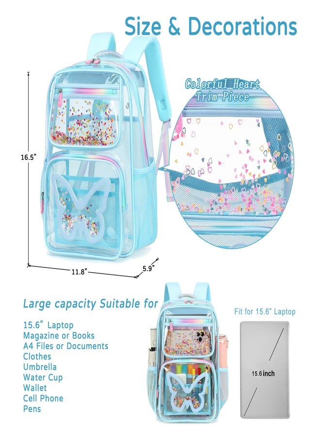 KIDNUO Clear Backpack for School,Large Bookbag Heavy Duty See Through Butterfly Backpacks for Girls Stadium Approved Bags, Blue, Large - Image 3