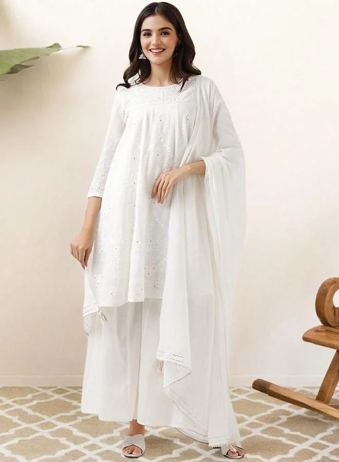 ISHIN Women'S Off White 100% Cotton Embroidered Tunic Full Length Palazzo Straight Fit Kurta Set