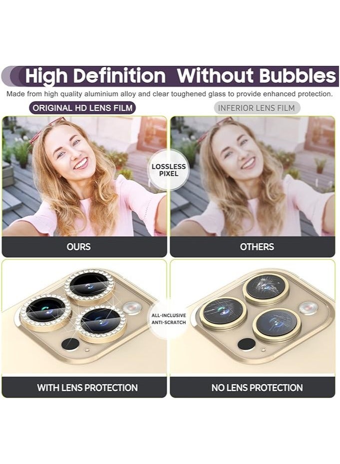 Vitacelli Camera Lens Protector Compatible for iPhone 13 Pro/iPhone 13 Pro Max, [Anti-Scratch] Premium Tempered Glass Film Aluminum Alloy Lens Ring Cover – GOLD DIAMOND - Image 3