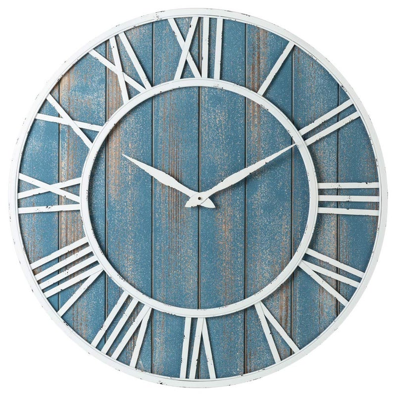 Oldtown Clocks 36 Coastal Wall Clock  Metal  Solid Wood Noiseless Weathered Beach Blue Wall Clock 
