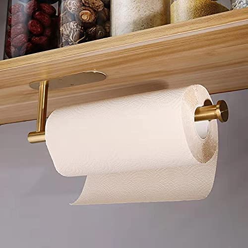 XDerlin Paper Towel Holder Under Cabinet Wall Mount Paper Towel Rack Kitchen Paper Holder Self Adhensive Jumbo Rolls Paper Towel Holders for Kitchen Bathroom Farmhouse Accessories SUS 304 Stainless Steel,Gold - Image 4