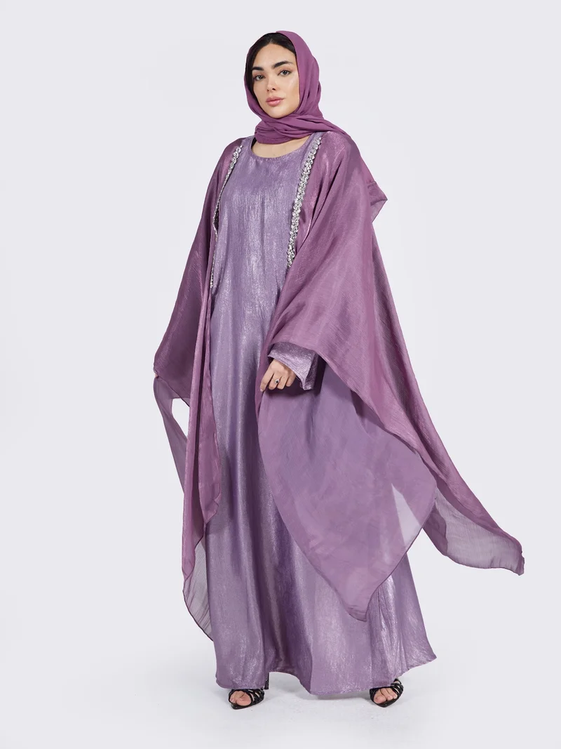 Reem Abayas Shimmer Silk Two-Piece Abaya Set with Crystal Trim