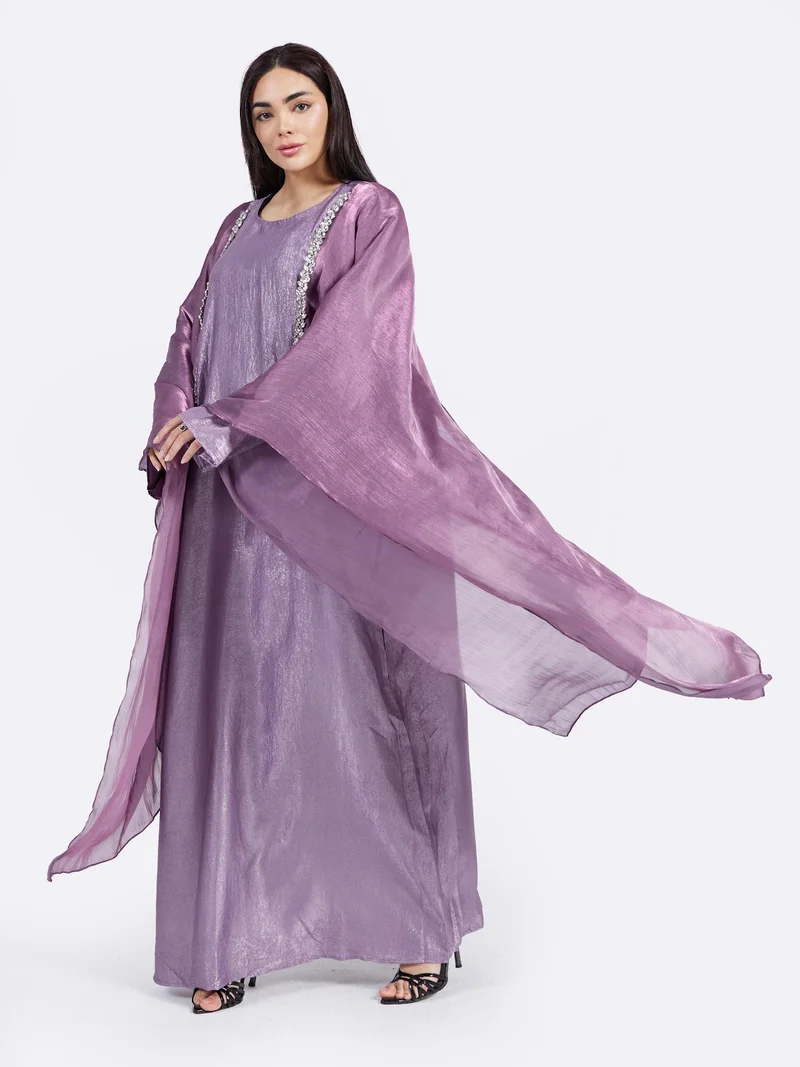 Reem Abayas Shimmer Silk Two-Piece Abaya Set with Crystal Trim