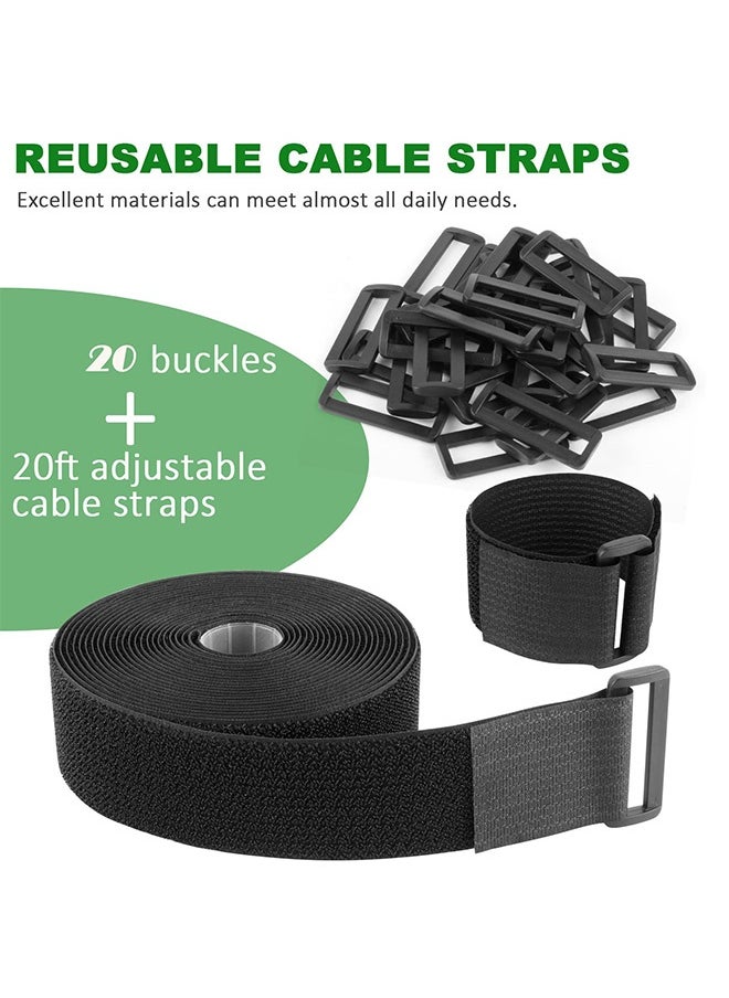 Peachjoy - Adjustable Cable Straps, Velcro Cable Ties, 2''*16.4ft Hook and Loop Straps with 20 Buckles, Free Cut Self Securing Strap, Reusable Nylon Securing Cord Ties for Cable Organiser Storage - Image 1