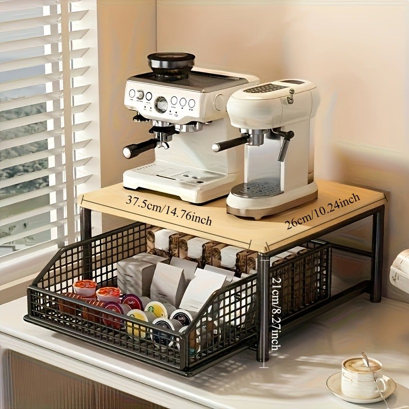 1pc Black/White Kitchen Microwave Stand with Drawer - Upgraded Pine Wood and Metal Construction, Space-Saving Countertop Storage Rack for Dishes and Bowls - No Electricity Required, Stylish Design, Home Organization, Durable Build - Image 5
