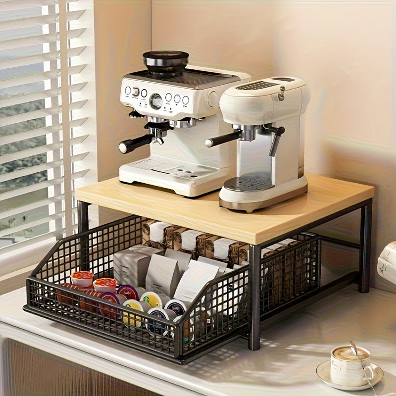 1pc Black/White Kitchen Microwave Stand with Drawer - Upgraded Pine Wood and Metal Construction, Space-Saving Countertop Storage Rack for Dishes and Bowls - No Electricity Required, Stylish Design, Home Organization, Durable Build - Image 1