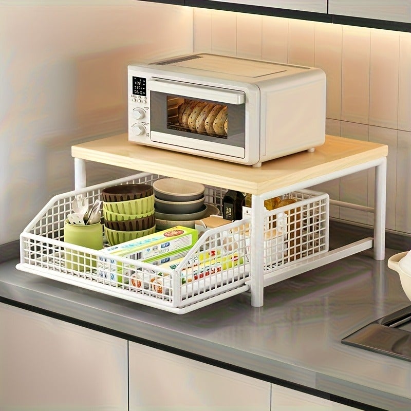 1pc Black/White Kitchen Microwave Stand with Drawer - Upgraded Pine Wood and Metal Construction, Space-Saving Countertop Storage Rack for Dishes and Bowls - No Electricity Required, Stylish Design, Home Organization, Durable Build - Image 2