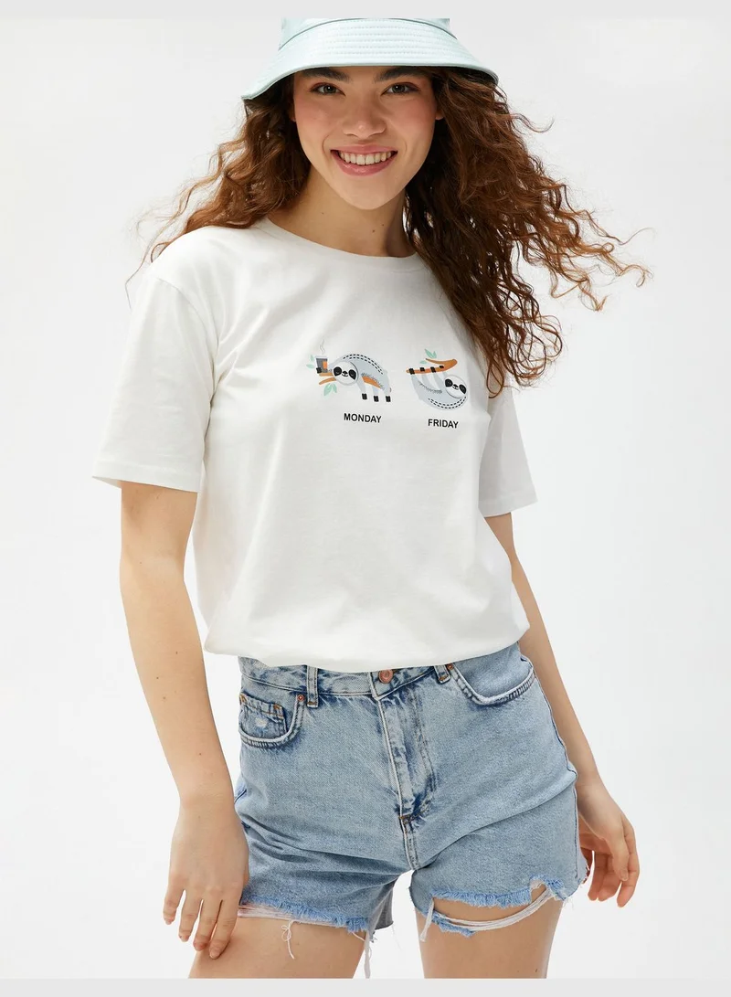 KOTON Cotton Crew Neck Short Sleeve Printed T-Shirt
