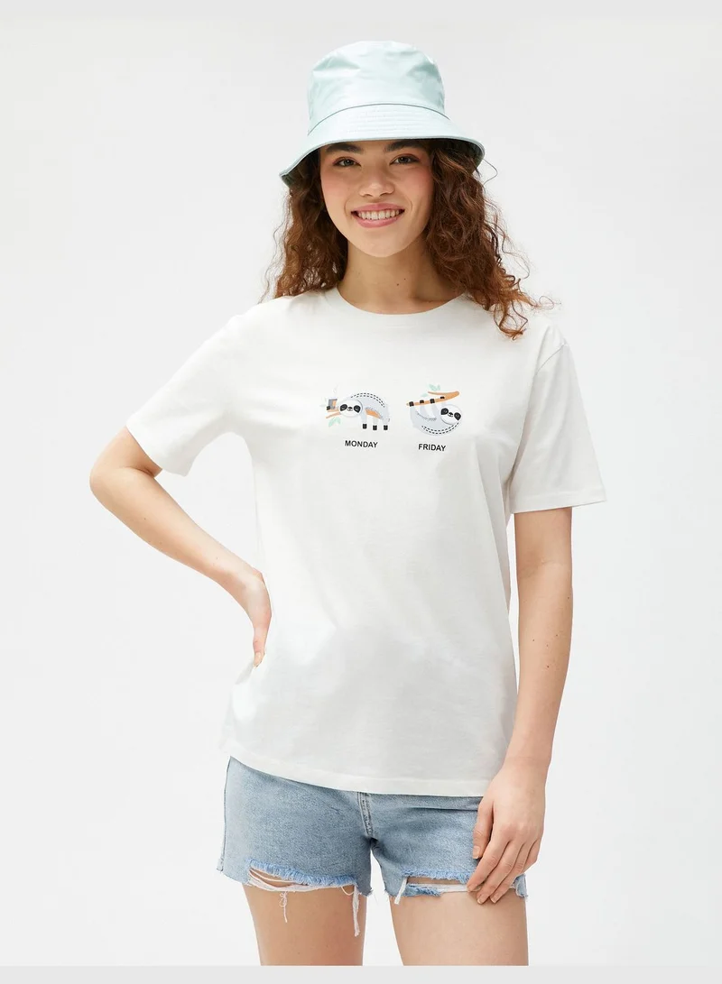KOTON Cotton Crew Neck Short Sleeve Printed T-Shirt