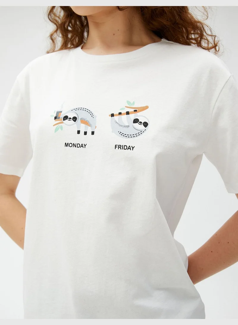 KOTON Cotton Crew Neck Short Sleeve Printed T-Shirt