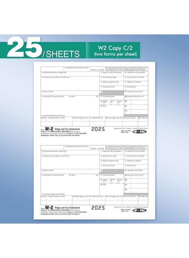 Yeplan W2 Tax Forms 2025 with Envelopes, 6 Part Tax Forms 2025, 25 Employee Kit of Laser Forms with 3 W3, with 25 Self Seal Envelopes - Image 4