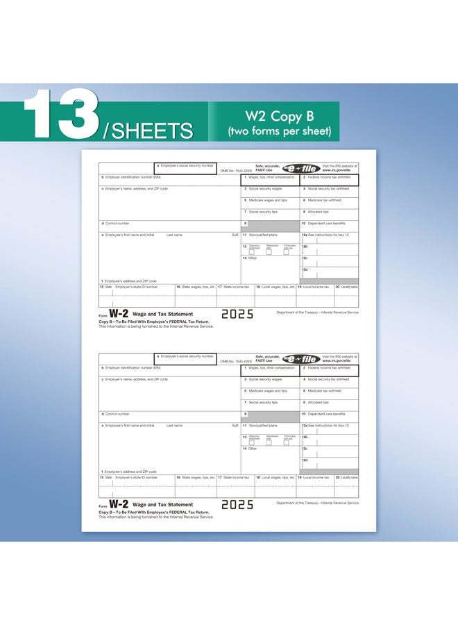 Yeplan W2 Tax Forms 2025 with Envelopes, 6 Part Tax Forms 2025, 25 Employee Kit of Laser Forms with 3 W3, with 25 Self Seal Envelopes - Image 3