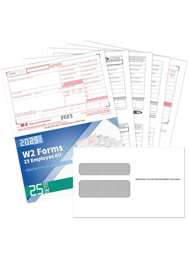 Yeplan W2 Tax Forms 2025 with Envelopes, 6 Part Tax Forms 2025, 25 Employee Kit of Laser Forms with 3 W3, with 25 Self Seal Envelopes - Image 1