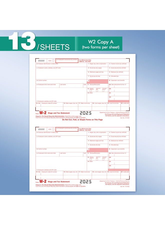 Yeplan W2 Tax Forms 2025 with Envelopes, 6 Part Tax Forms 2025, 25 Employee Kit of Laser Forms with 3 W3, with 25 Self Seal Envelopes - Image 2
