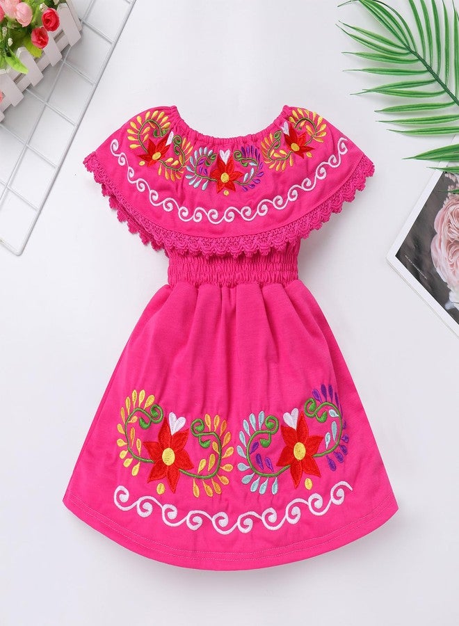 OBEEII Mexican Dress for Toddler Baby Girls Off-Shoulder Traditional Floral Embroidered Dress Cinco De Mayo Fiesta Dresses Hot Pink 18-24 Months - Image 2