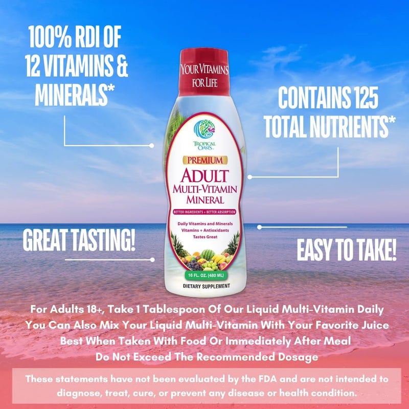 Tropical Oasis فيتامينات متعددة سائلة للبالغين من تروبيكال أواسيز مع 125 عنصر غذائي شامل 85 فيتامين ومعادن و23 حمض أميني و18 عشب 16 أونصة سائلة 32 حصة - Image 4