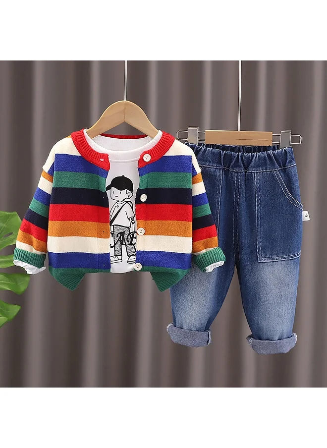 LITTLE SURPRISE BOX 3 pcs Colorful Stripes Cardigan, tshirt/Denims set for Toddlers/Kids