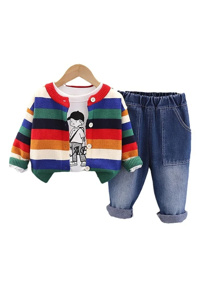 LITTLE SURPRISE BOX 3 pcs Colorful Stripes Cardigan, tshirt/Denims set for Toddlers/Kids