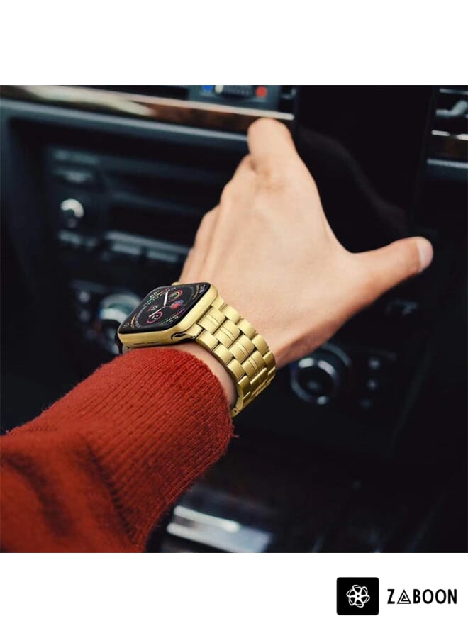 Zaboon 5-bead Stainless Steel  Watch Band For Apple Watch Ultra 49mm / Series 8&7 45mm / SE 2&6&SE&5&4 44mm / 3&2&1 42mm(Gold) - Image 3