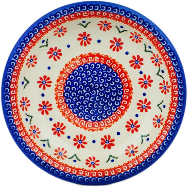Polmedia Polish Pottery Authentic Polish Pottery Pasta Bowl 9inch in Red Daisy Design Handmade in Bolesawiec Poland by Ceramika Bona  Certificate of Authenticity - Image 1