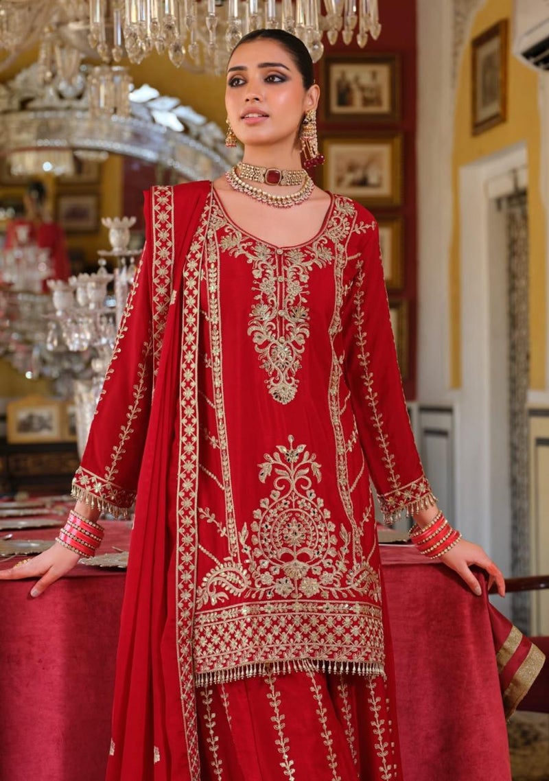 ANAITA Red Chinon Free Size Stitched Suit with Embroidery Work - Image 2