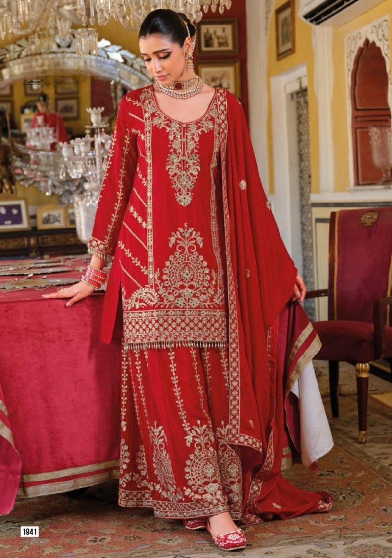 ANAITA Red Chinon Free Size Stitched Suit with Embroidery Work - Image 3