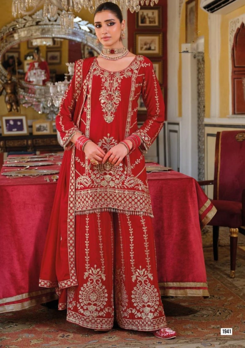 ANAITA Red Chinon Free Size Stitched Suit with Embroidery Work - Image 1
