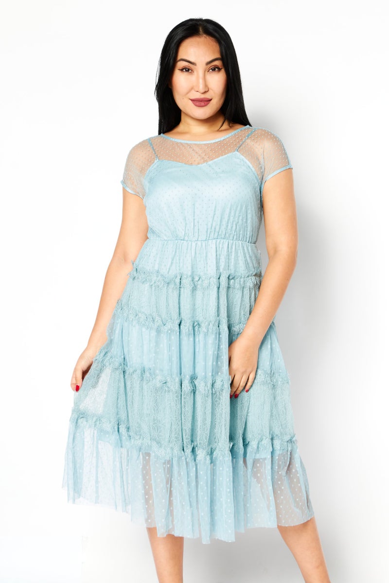 VERO MODA فستان ميدي بنقشة منسوجة للنساء، أخضر مزرق - Image 1