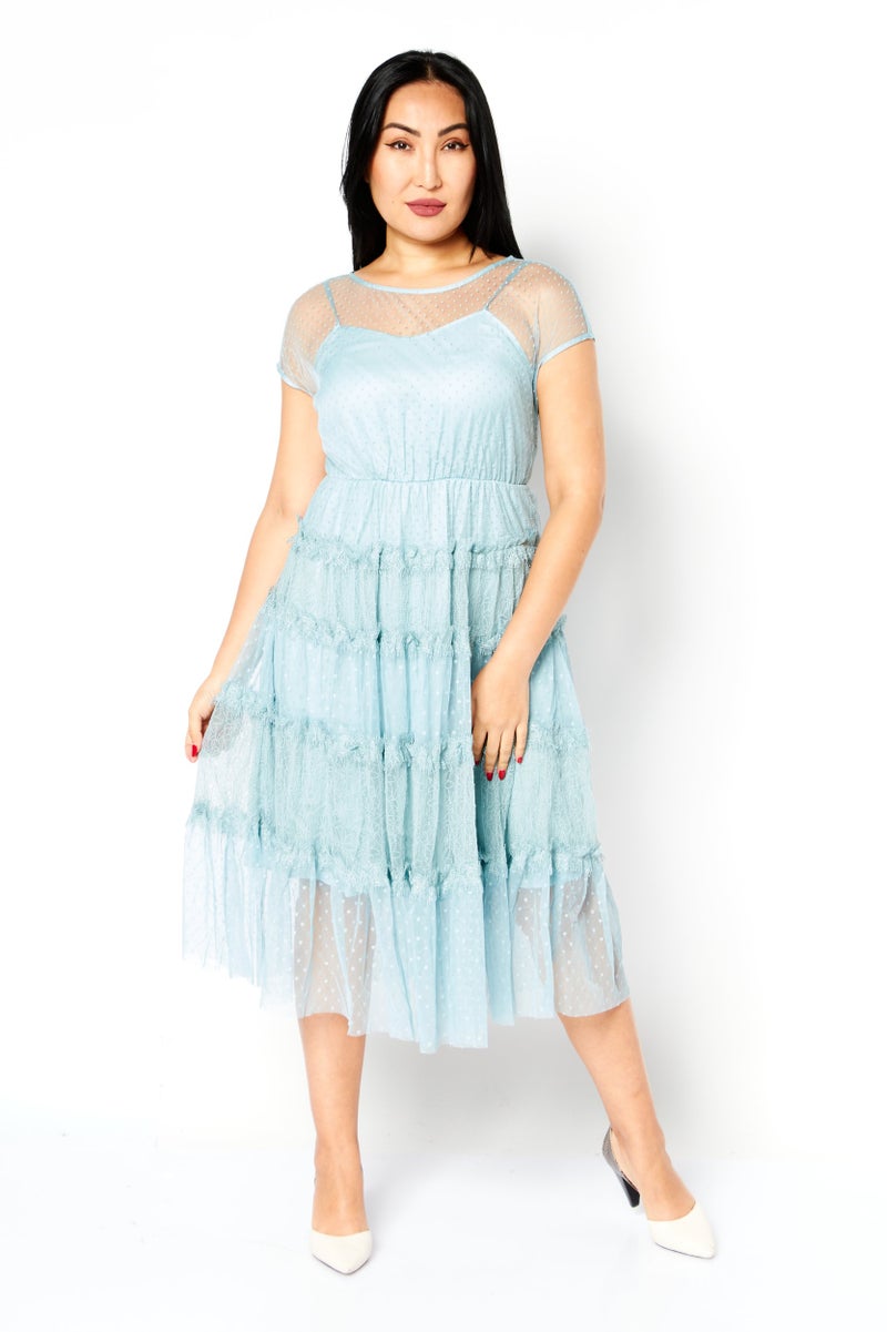 VERO MODA فستان ميدي بنقشة منسوجة للنساء، أخضر مزرق - Image 2