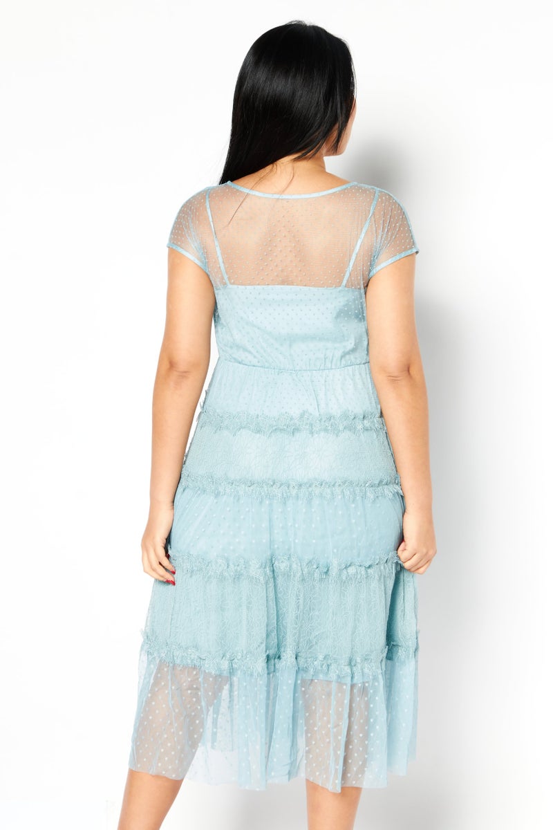 VERO MODA فستان ميدي بنقشة منسوجة للنساء، أخضر مزرق - Image 4